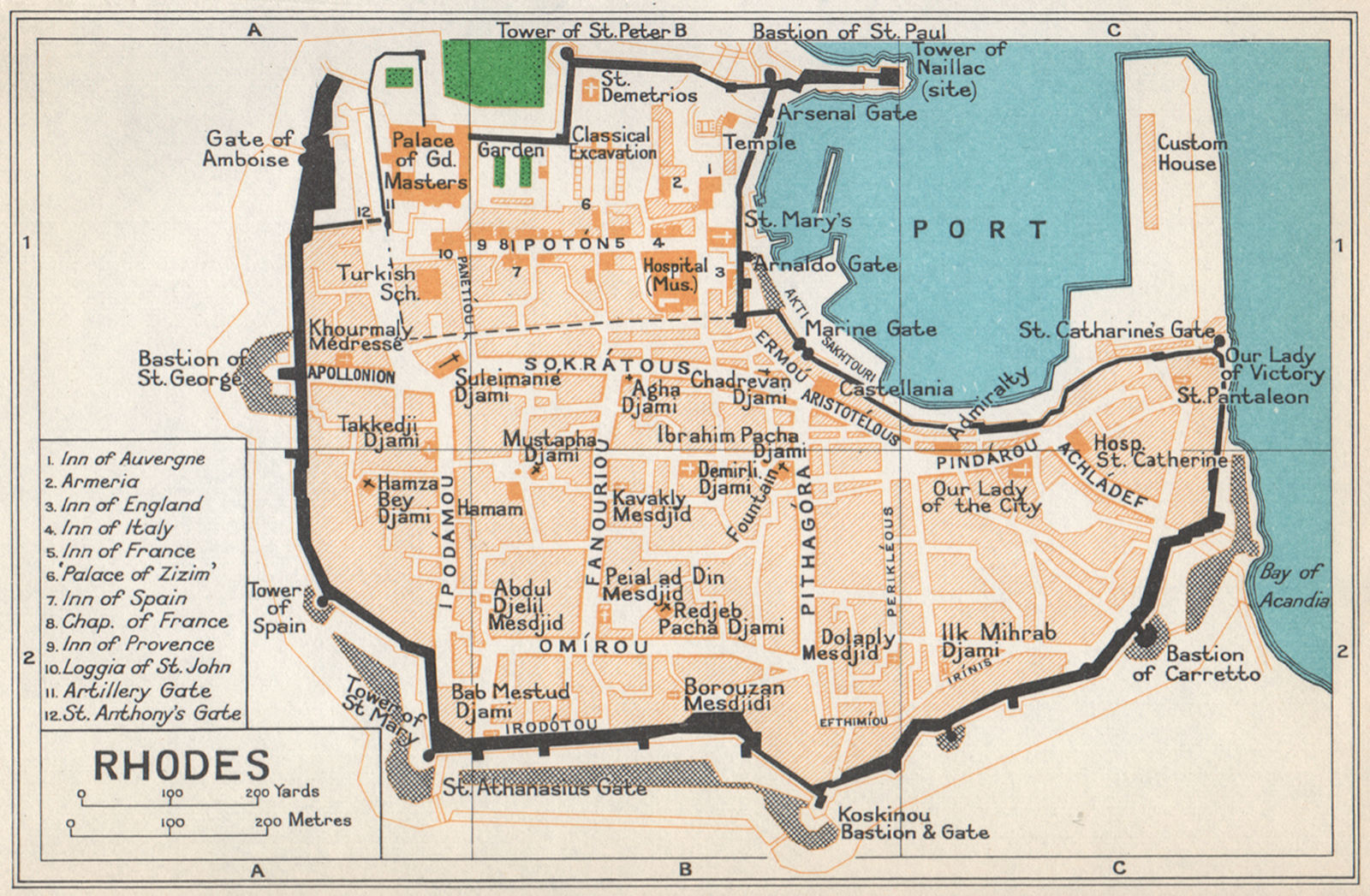 CITADEL OF RHODES. Fortified town. Vintage map plan. Dodecanese. Greece 1967